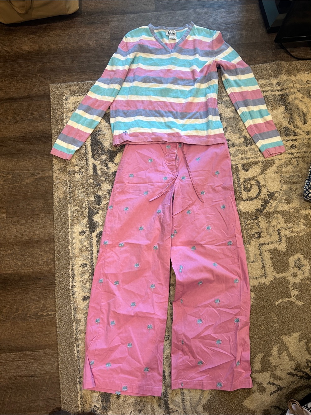 Lilly Pulitzer 2 Pc Set Women’s Pink Palm Wide Leg Pants Striped V Neck Top